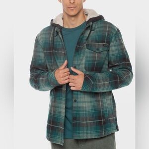 Men's Billabong Furnace Bonded Hooded Flannel Shirt Jacket XL Green Blue Hood